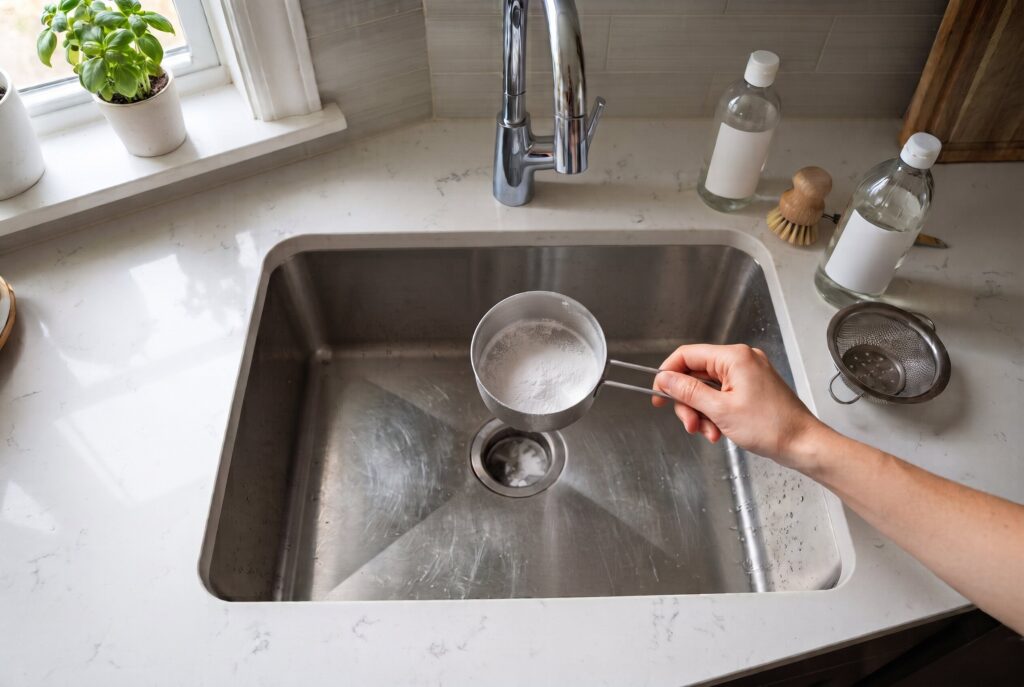 An overhead photograph shows a hand holding a metal measuring cup filled with baking soda over a stainless steel kitchen sink drain.