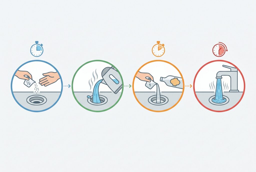 Infographic showing 4 steps: pouring baking soda, hot water, vinegar, and a final hot water rinse.