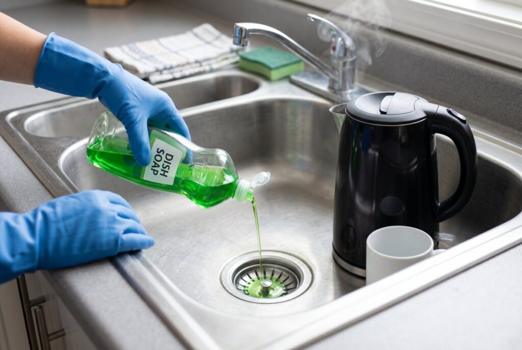 Gloved hands pouring green dish soap into a kitchen sink drain near a black kettle.