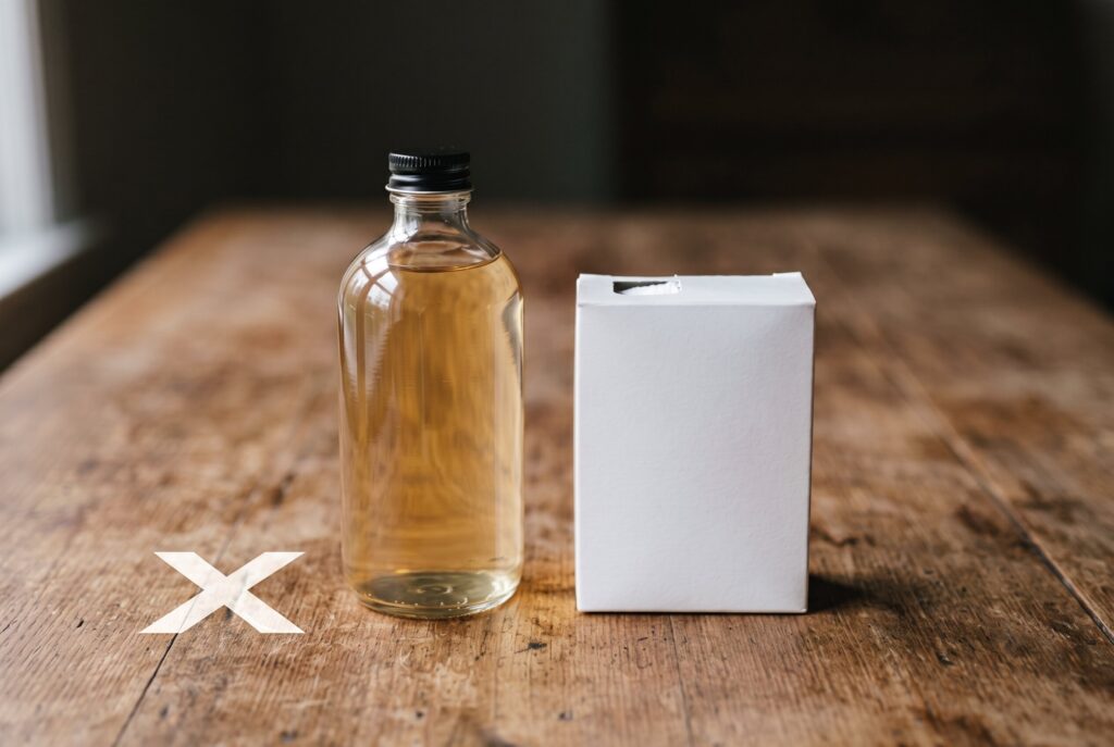 A glass bottle of vinegar and a white box of baking soda on a wooden table.