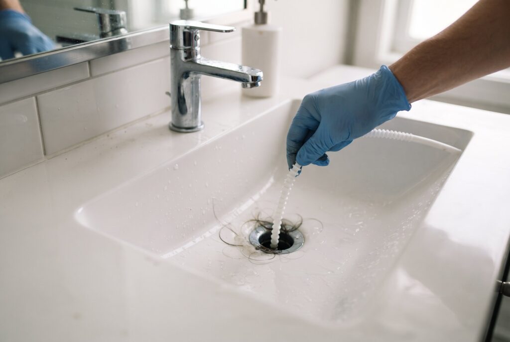 A gloved hand uses a plastic drain snake to pull a hair clog from a bathroom sink drain.