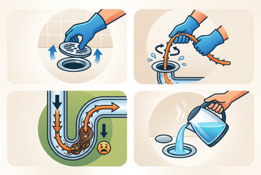 Diagrams showing removing a drain cover, using a plastic barbed tool to extract a hair clog, and flushing with water.