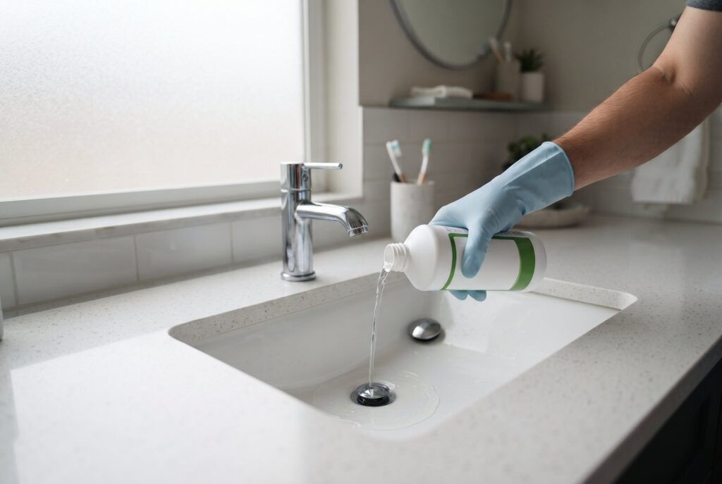 A person wearing a blue rubber glove pours cleaning liquid from a bottle into a bathroom sink.