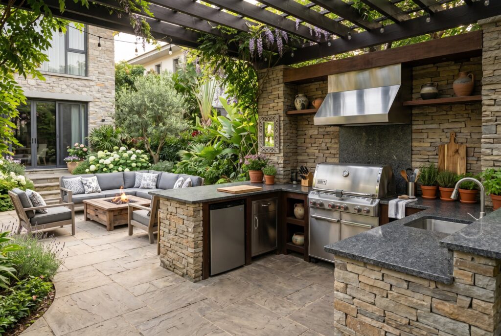 Built in outdoor kitchen with grill, stone counters, and patio entertaining area.