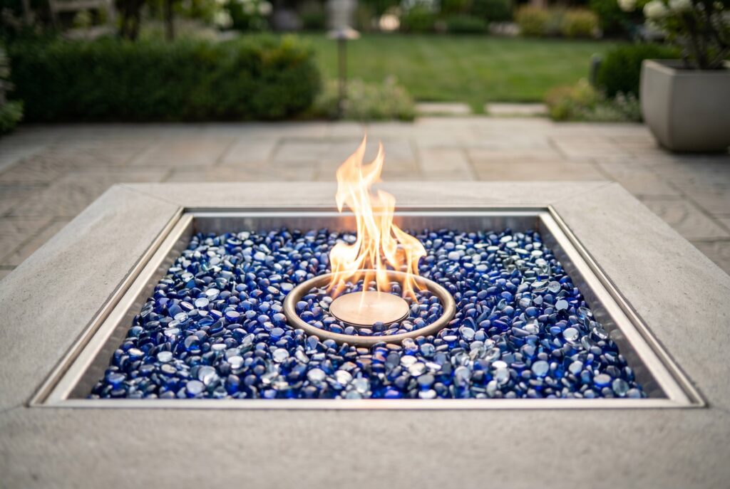 Round gas fire pit with blue fire glass and flush concrete surround in modern patio.