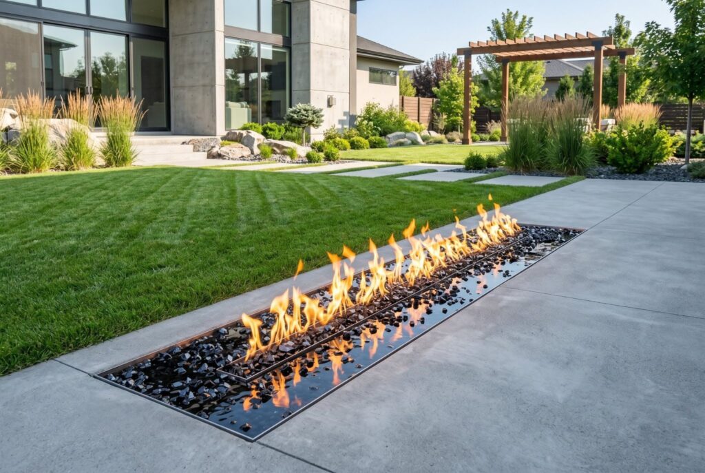 Long linear gas fire channel filled with black fire glass in contemporary backyard.