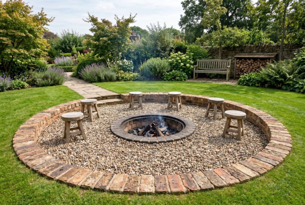 Sunken gravel fire pit circle with reclaimed brick edging and rustic garden seating.
