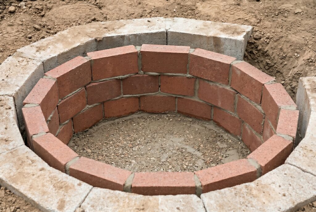 Refractory firebrick lining inside in ground fire pit for heat resistant construction.