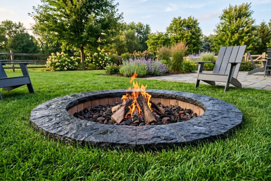 Charcoal stone fire pit set flush with lawn and modern farmhouse backyard landscaping.