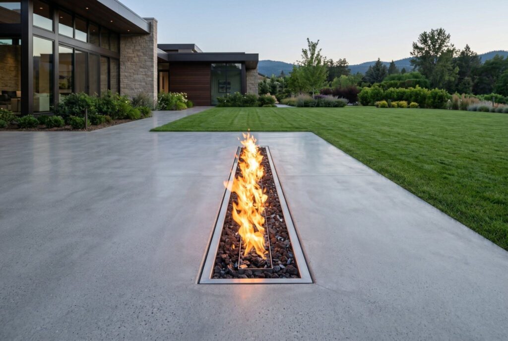 Recessed flame strip built into concrete terrace with minimalist outdoor architecture.