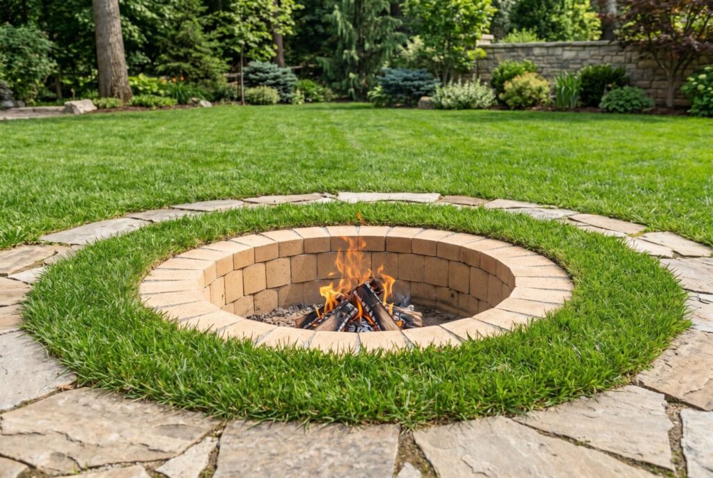 Compact dug in fire pit with refractory brick lining and circular stone surround.