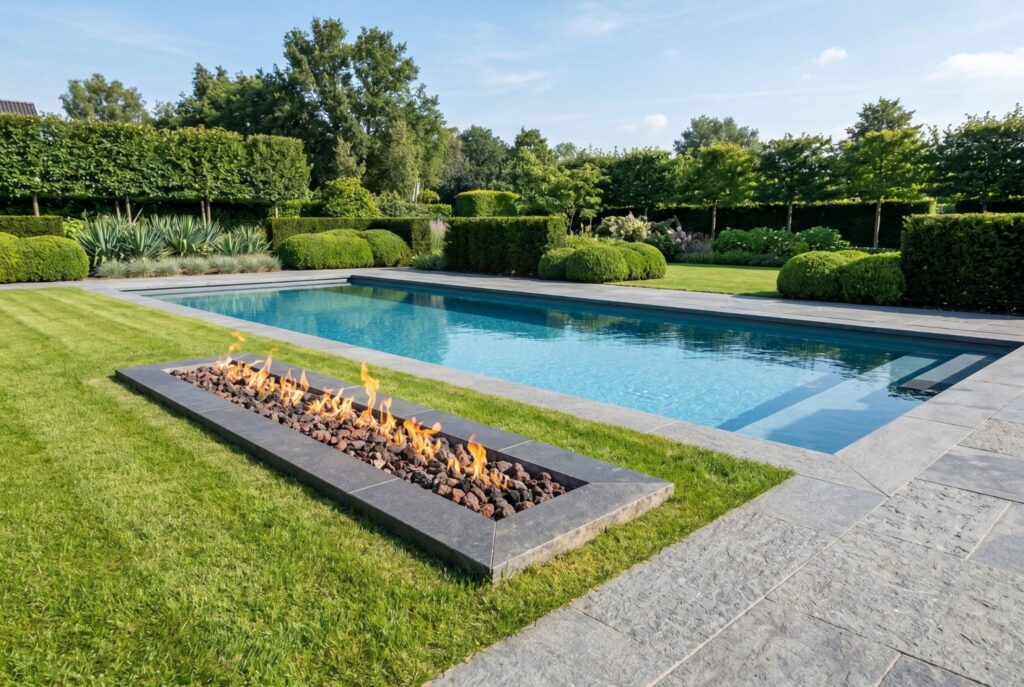 Rectangular fire pit aligned with pool edge in luxury modern landscape design.