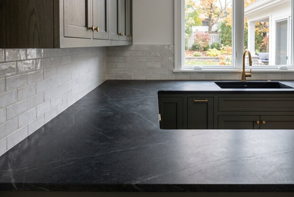 Charcoal soapstone countertop with white subway tile backsplash and dark cabinetry.