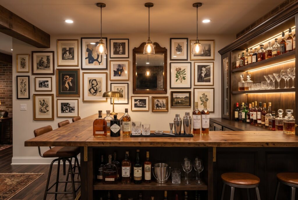 Basement bar with gallery wall backdrop, framed artwork, and pendant lighting. 