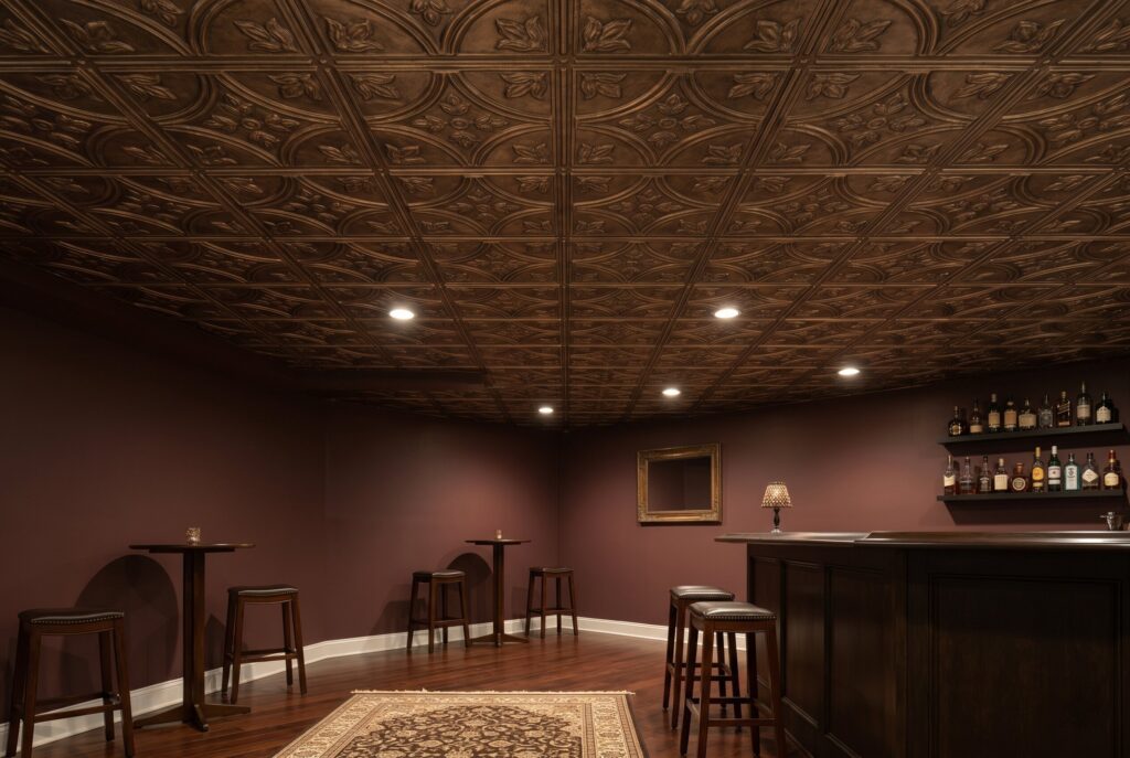 Faux tin ceiling tiles in bronze finish above vintage inspired basement bar.