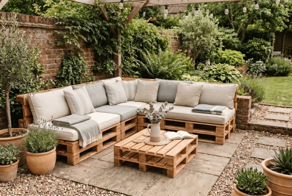 Upcycled pallet sectional with neutral cushions on backyard patio lounge area. 