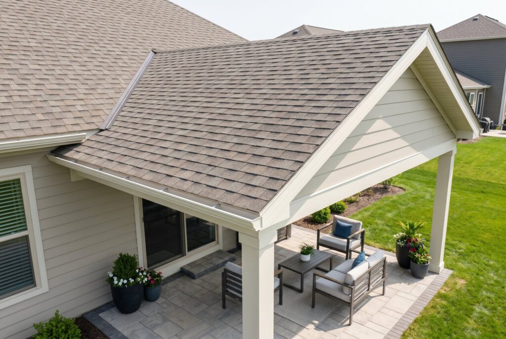 Seamless shingle roofline extension over covered patio attached to house with outdoor seating. 