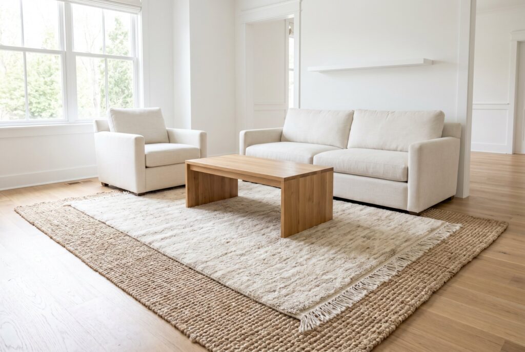 White living room featuring a stone side table, white sofa, fireplace, and soft neutral palette.