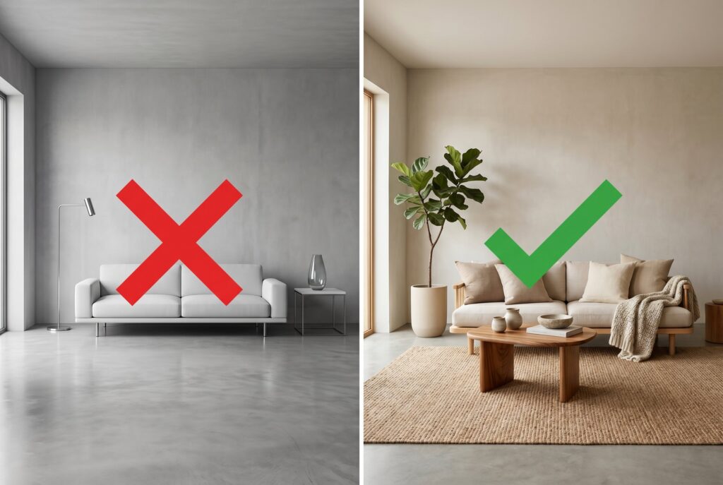 A side-by-side comparison showing the mistake of over-minimalizing; the left features a cold, empty grey room with a red cross, while the right displays a warm, textured Japandi room with a green checkmark.