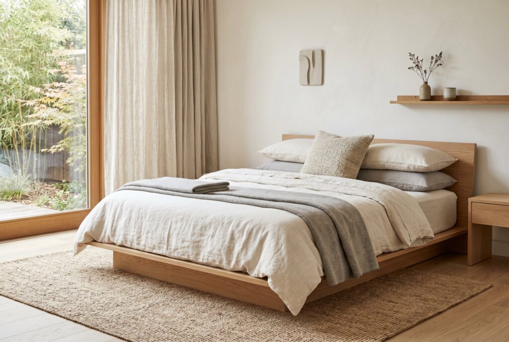 Serene Japandi bedroom with a low wooden platform bed, organic linens, brushed cottons, and a neutral wool throw.