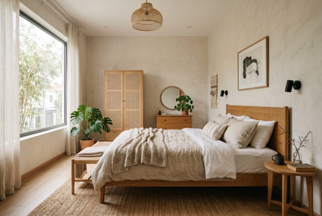 Bedroom with warm wood tones, an oak bed, matching bedside tables, rattan wardrobe, and wooden bench.