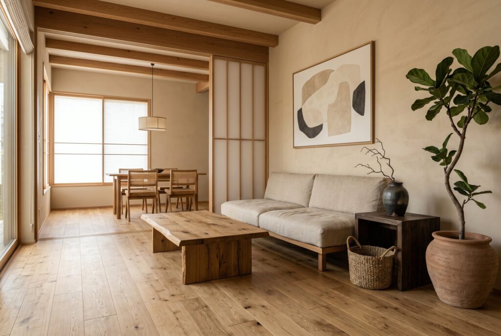 Balanced Japandi living space with a low-profile sofa, rustic wood coffee table, potted plant, and sliding doors.