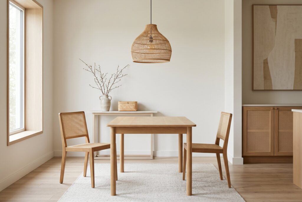 A dining room incorporating natural textures through a woven rattan pendant light, cane-backed dining chairs, and a rattan-front cabinet.