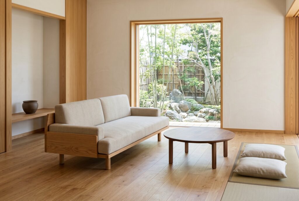Japandi living room with a beige sofa, round low coffee table, floor cushions, wooden floors, and a large window.