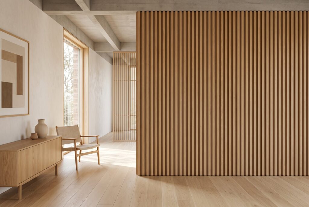 Vertical slatted wood panels used as a stylish room divider in a minimalist space with light oak floors and a wooden sideboard.