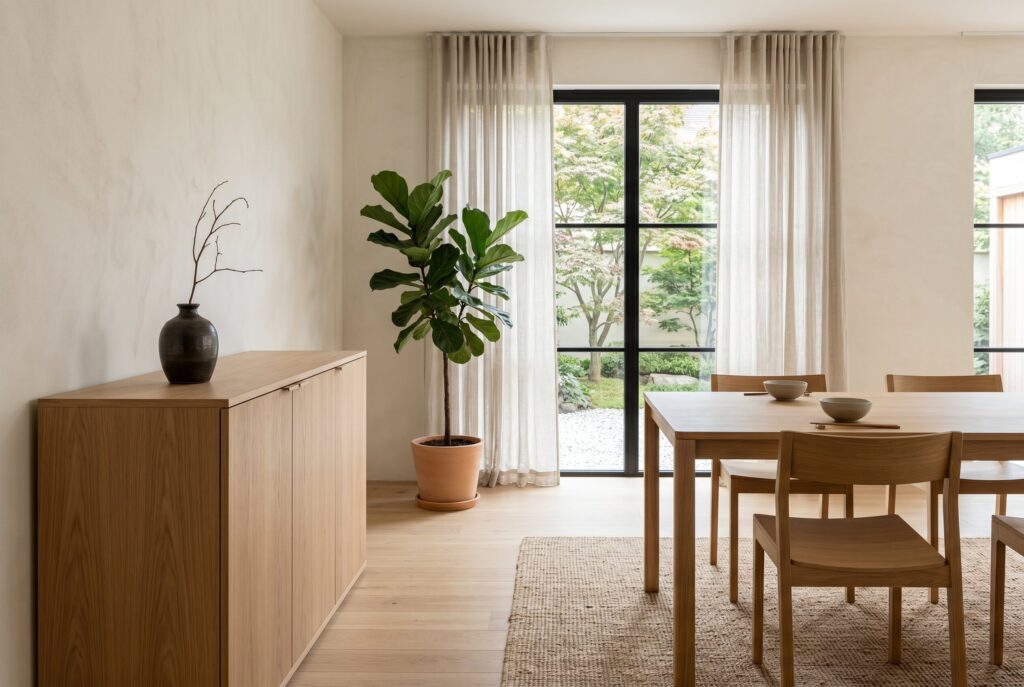 Clutter-free dining room with a closed wooden sideboard, simple dining table, tall plant, and large windows.
