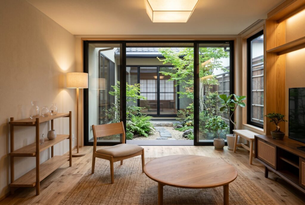 A tranquil living area opening up to an outdoor Japanese courtyard, featuring a low wooden coffee table, a wooden armchair, and warm wood accents.