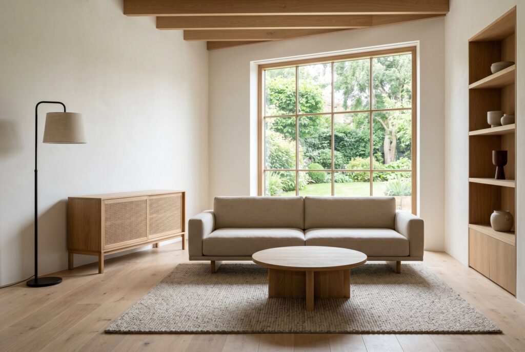 A living room thoughtfully blending storage, featuring a tall open wooden shelving unit on the right and a woven-front cabinet on the left.
