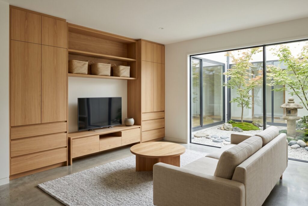 A living room demonstrating seamless storage with flat-front built-in wooden cabinets and a low media console framing a television.
