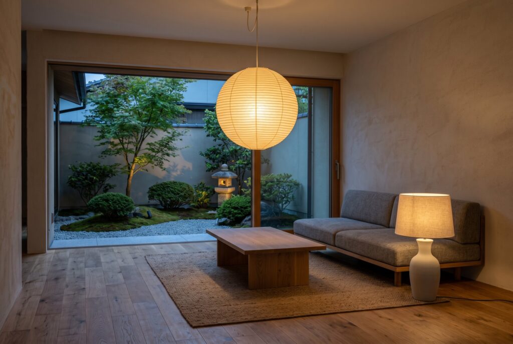 A cozy living room at dusk illuminated by warm, layered lighting from a large statement paper lantern pendant and a ceramic table lamp.