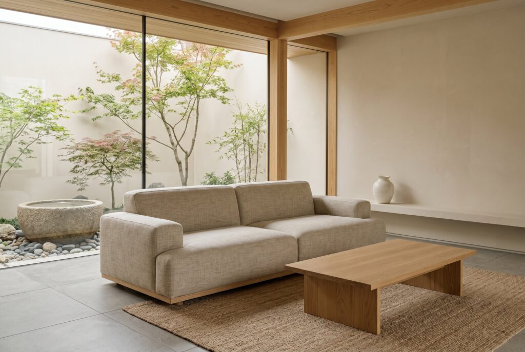 A low-profile beige sofa serving as the visual anchor in a calm Japandi living room, paired with a low wood coffee table and large glass windows.