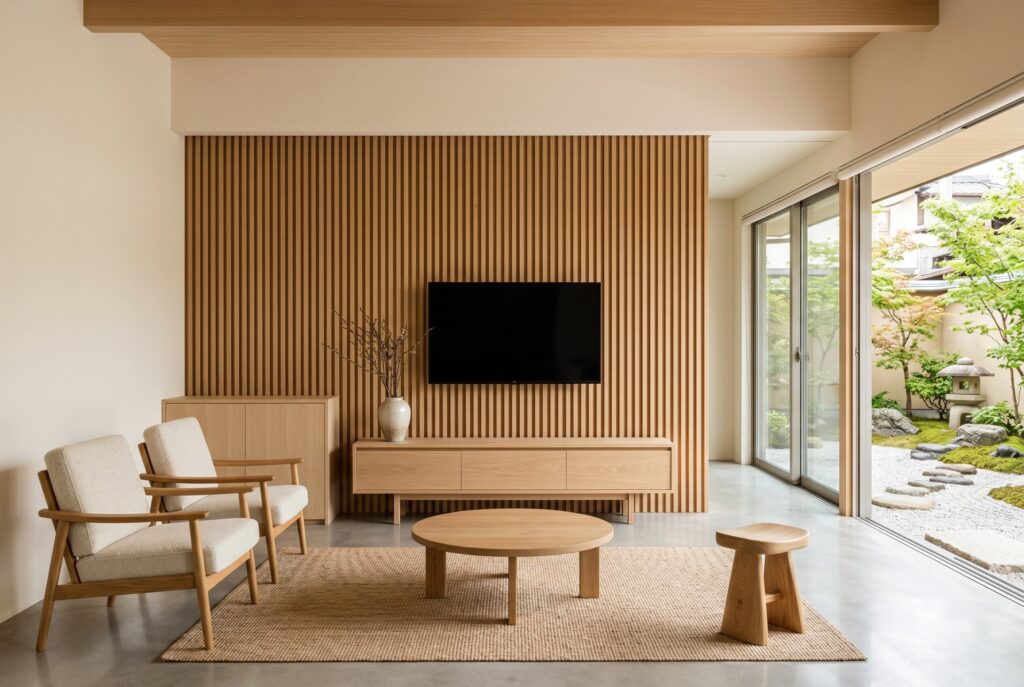 A living room featuring vertical slatted wood panels on the wall behind a TV, adding architectural texture above a light wood media console.