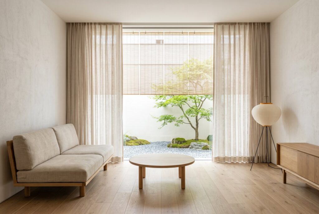 A sunlit Japandi living room where sheer linen panels gently diffuse natural light over a minimalist beige sofa, a round wooden table, and a paper floor lamp.
