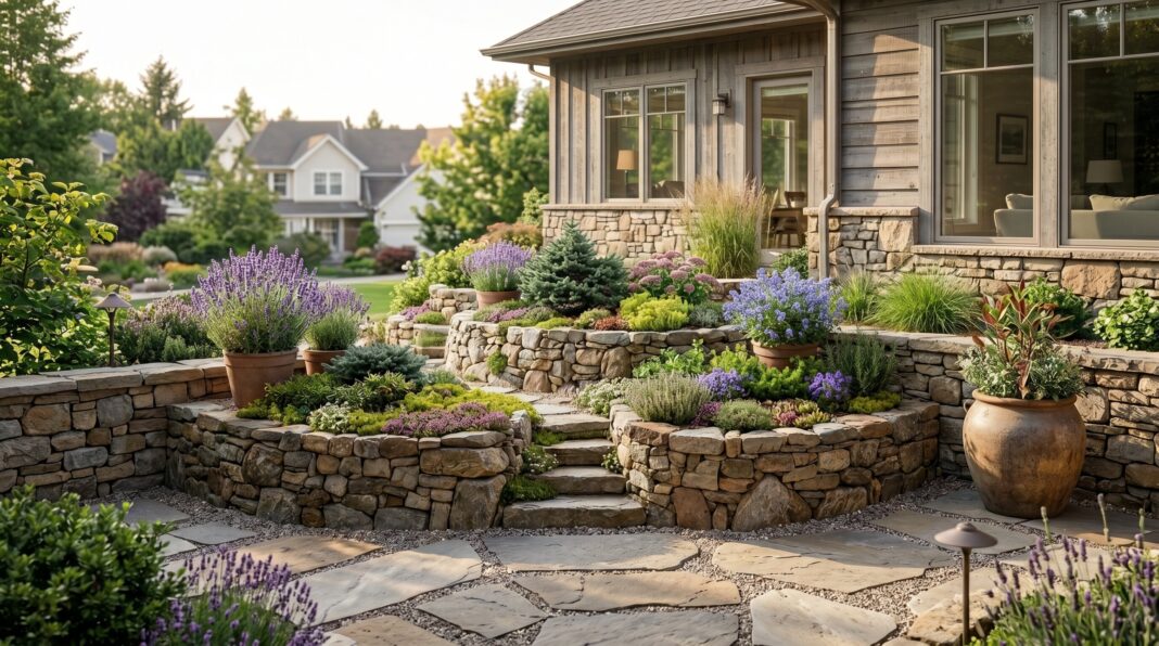 Rock garden ideas with terraced stone walls, lavender plantings, and layered boulder landscaping.