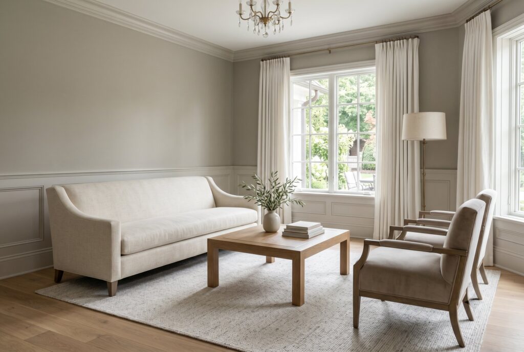 Neutral transitional living room with ivory sofa, greige walls, and light wood coffee table.