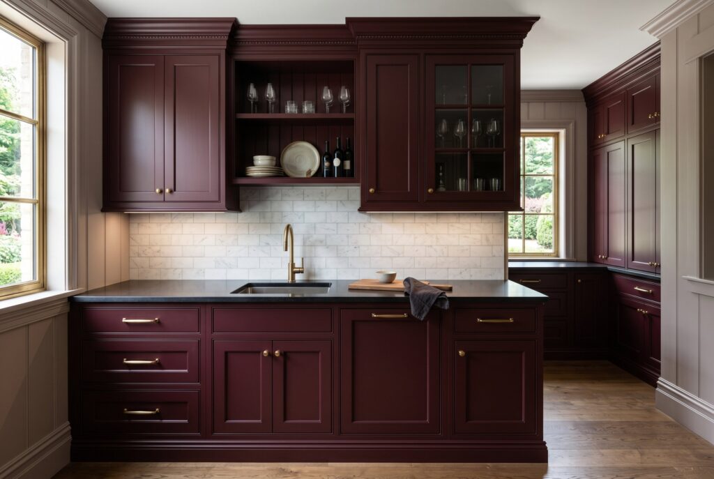 Deep burgundy kitchen cabinets with brass hardware, paneled fronts, and dramatic European inspired design.