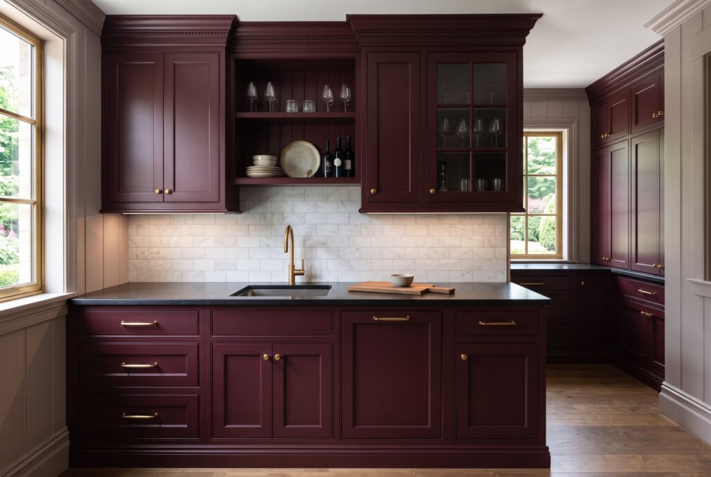 Deep burgundy kitchen cabinets with brass hardware, paneled fronts, and dramatic European inspired design.