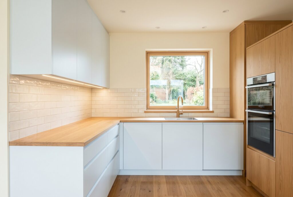 Ice Blue minimalist kitchen with flat panel cabinetry, oak accents, and integrated appliances.