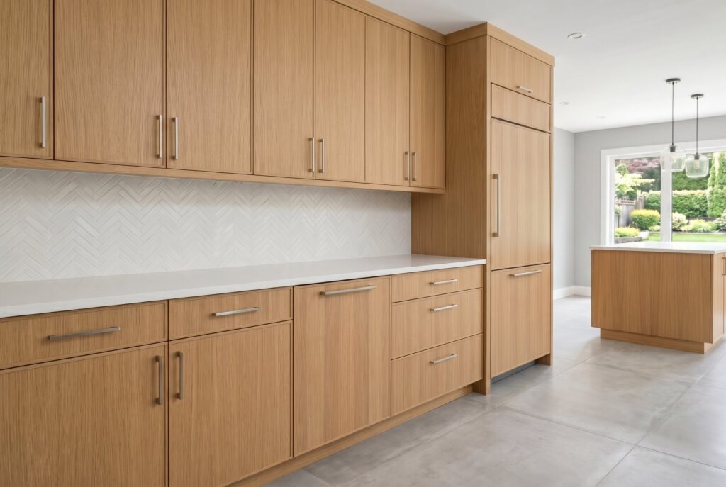 Rift sawn white oak kitchen cabinets with natural wood grain, minimalist hardware, and light flooring. 