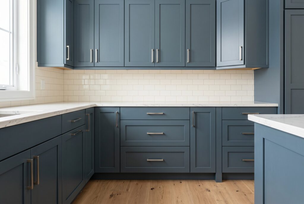 Slate blue kitchen cabinets with brushed nickel hardware, cream backsplash, and natural wood flooring. 