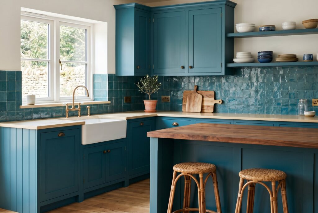 Ocean Teal kitchen cabinets with butcher block counters, teal tile backsplash, and open shelving.