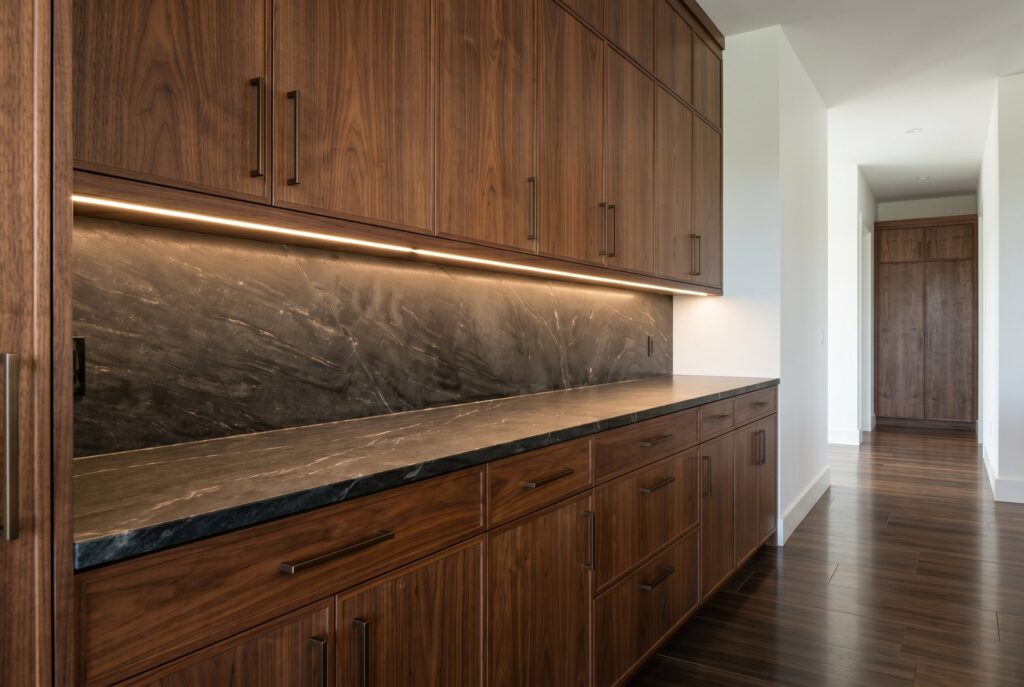 Rich walnut kitchen cabinetry with integrated lighting, dark stone countertops, and luxury detailing. 