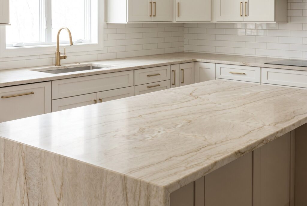 Taj Mahal quartzite waterfall island with warm oak cabinetry and soft neutral finishes.