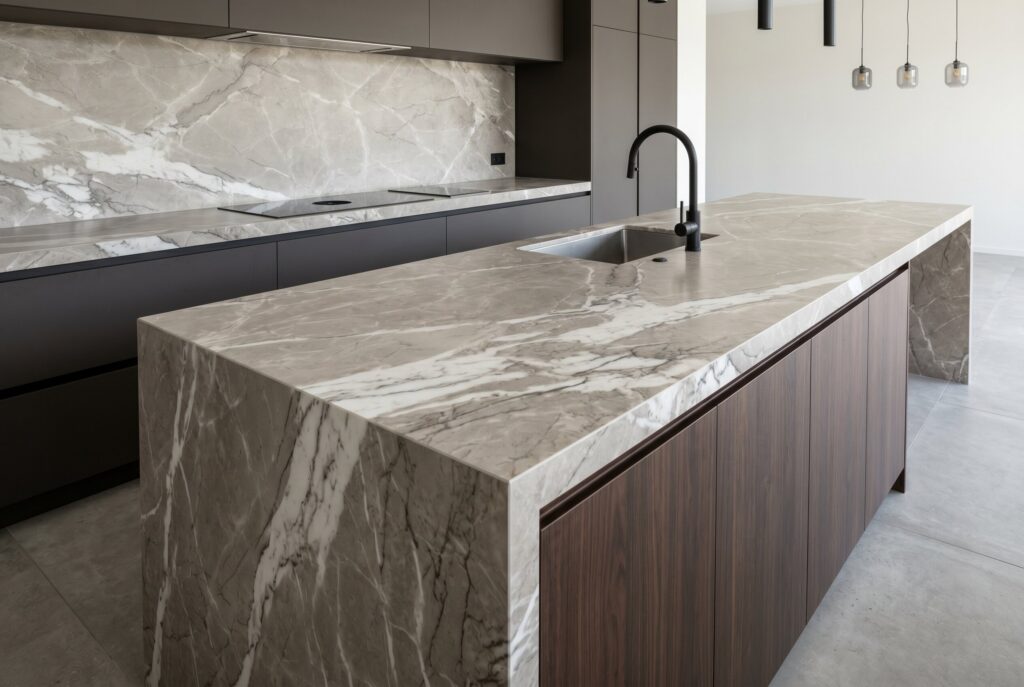 Sintered stone waterfall island with dramatic veining and walnut base cabinetry.