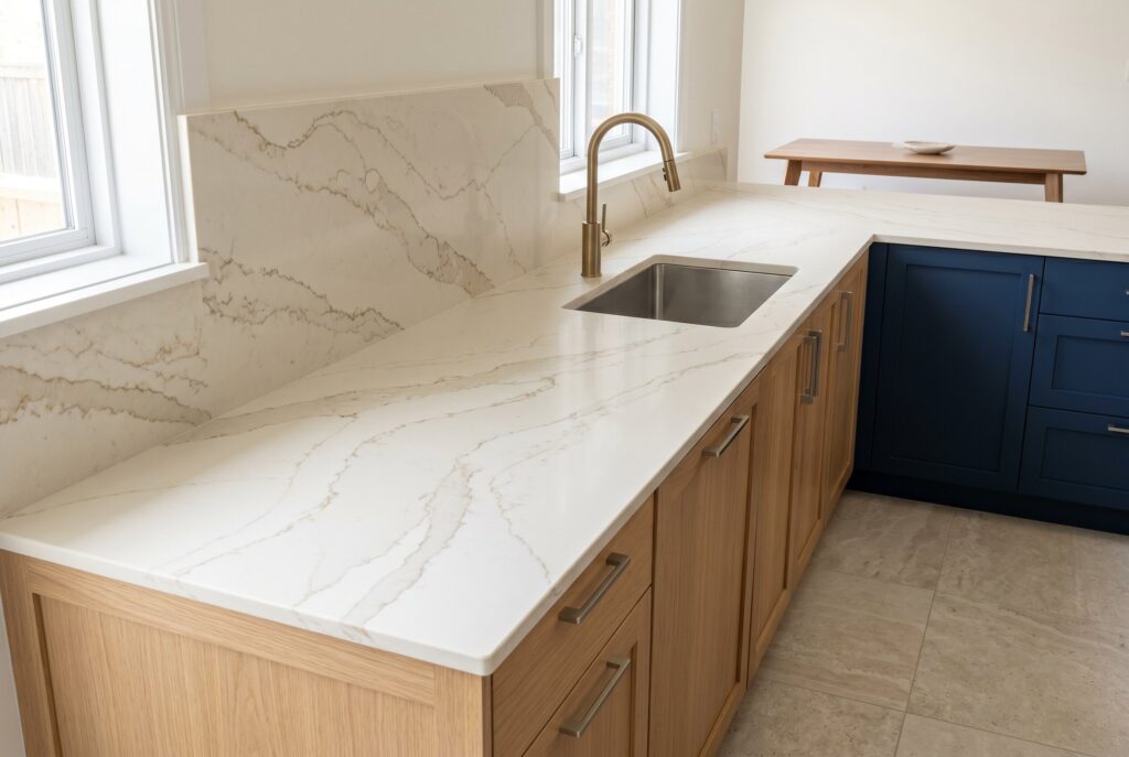 Quartz countertop with warm veining, oak cabinetry, brass faucet, and navy island accent.