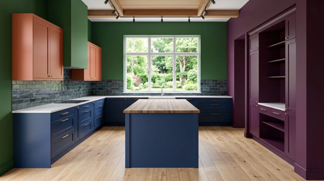 Color drenched kitchen with navy base cabinets, green walls, plum pantry, and wood island.
